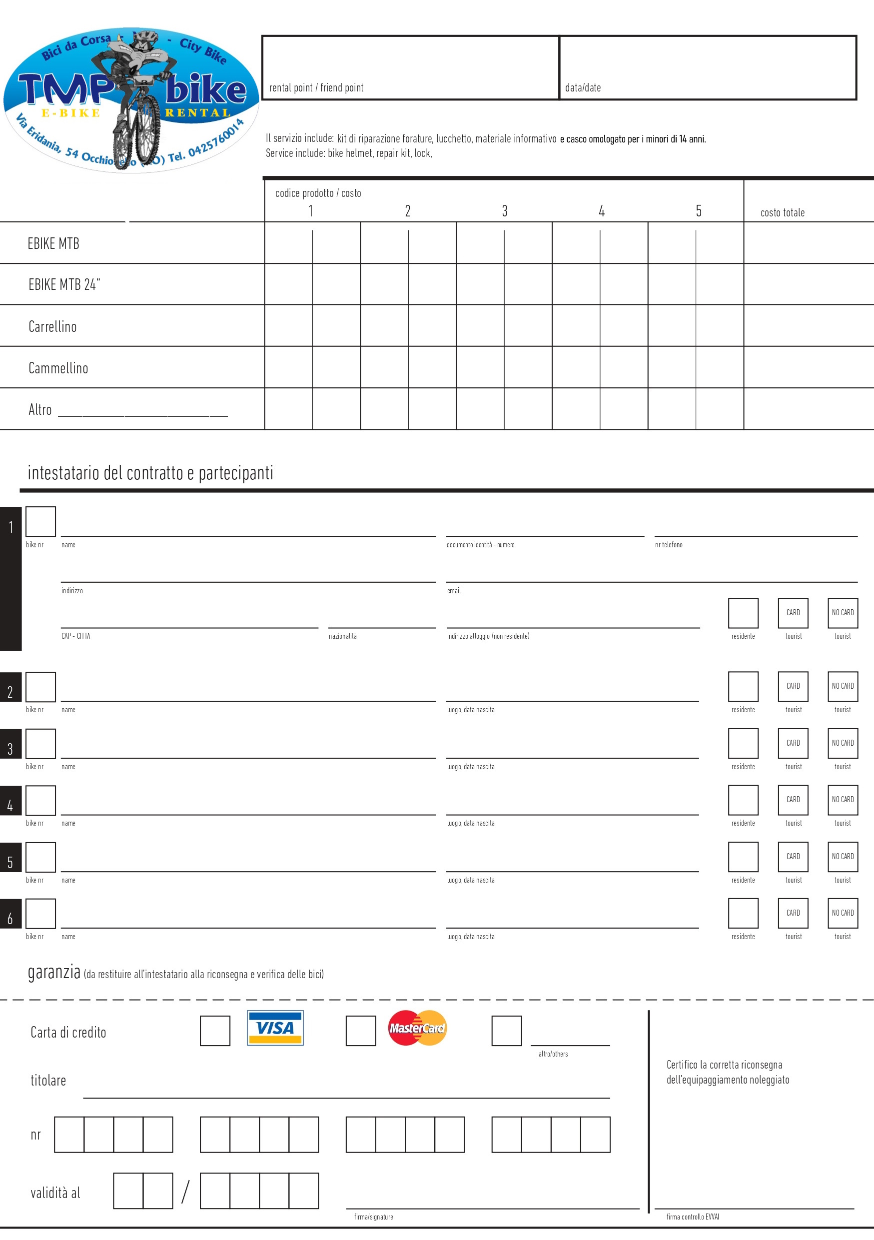 Pagina frontale del contratto di noleggio